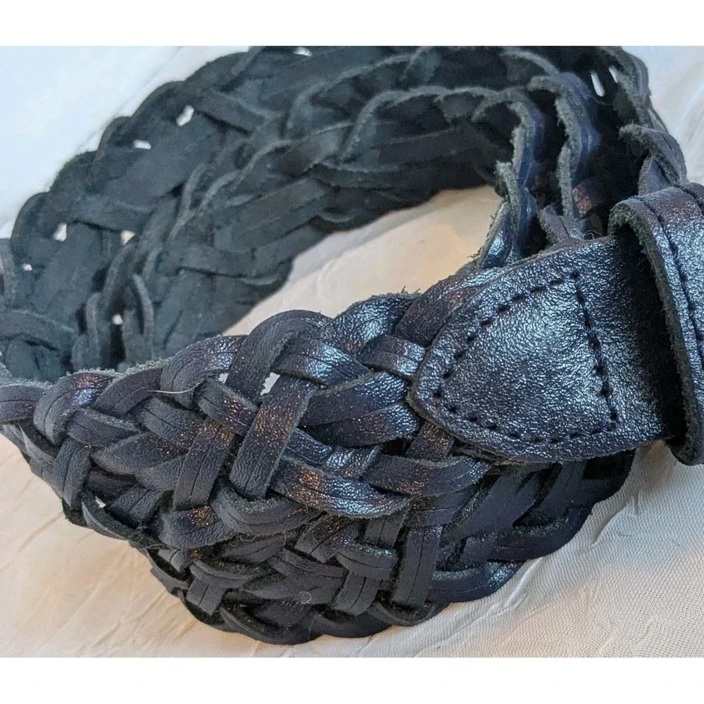 Capezio Leather Belt Braided Navy Woven Blue Womens Argentina Genuine Sz XL Vtg